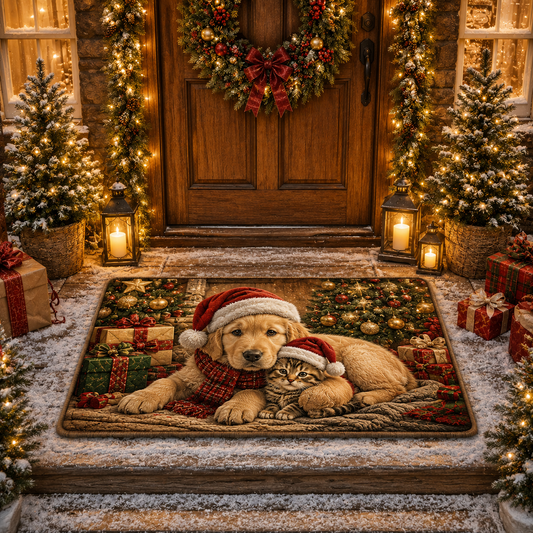 Cute Puppy Kitten Festive Santa Christmas Gate Doormat