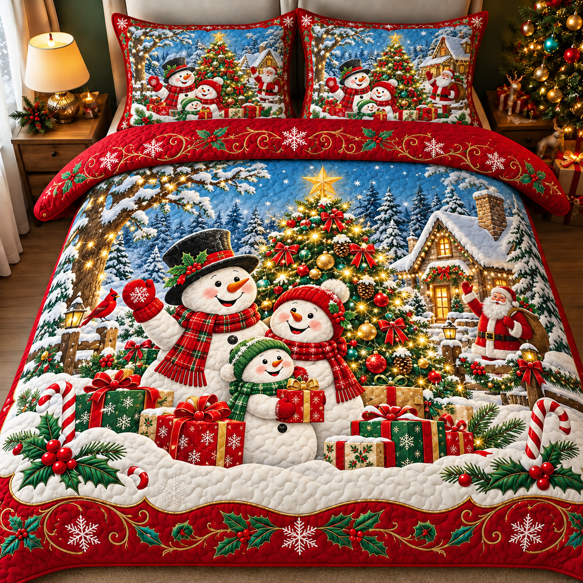 Cute Snowman Family Christmas Quilt Set Festive Holiday Bedding