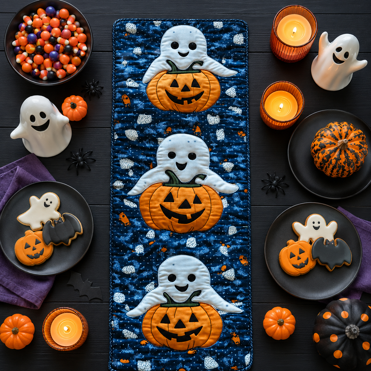 Cute White Ghost Hugging Pumpkin Halloween Quilted Table Runner