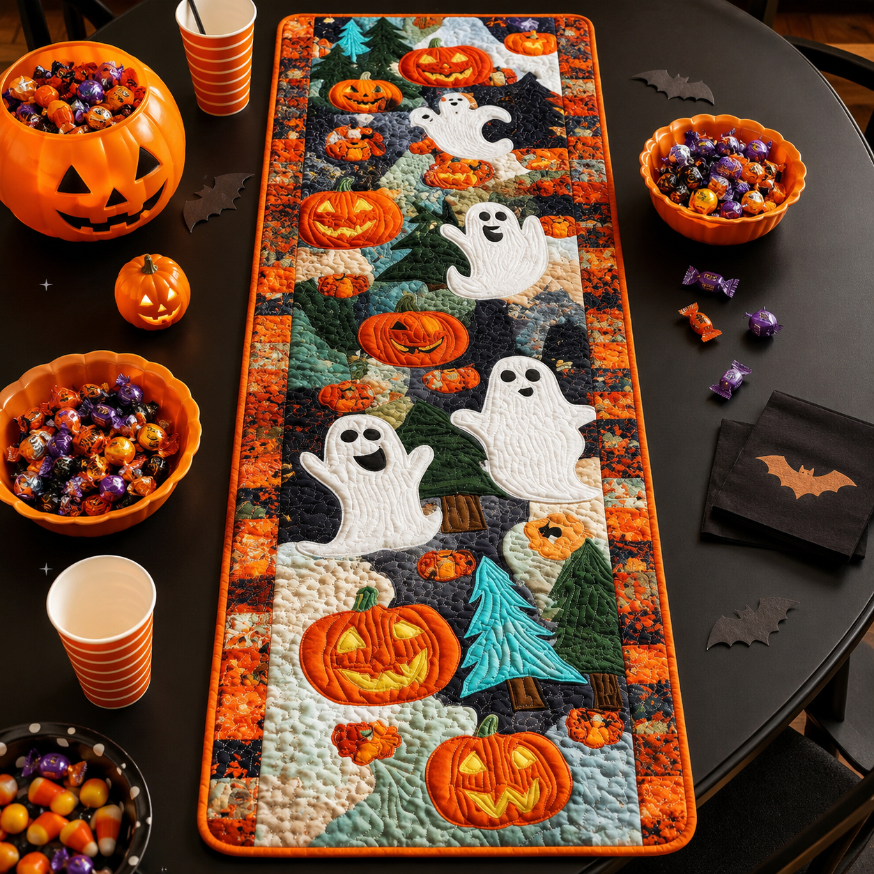 Cute White Ghosts & Pumpkins Halloween Quilted Table Runner