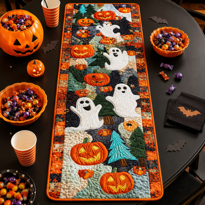 Cute White Ghosts & Pumpkins Halloween Quilted Table Runner