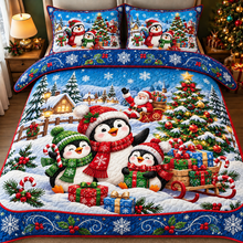 Cute Winter Penguin Family Festive Holiday Christmas Bedding Set