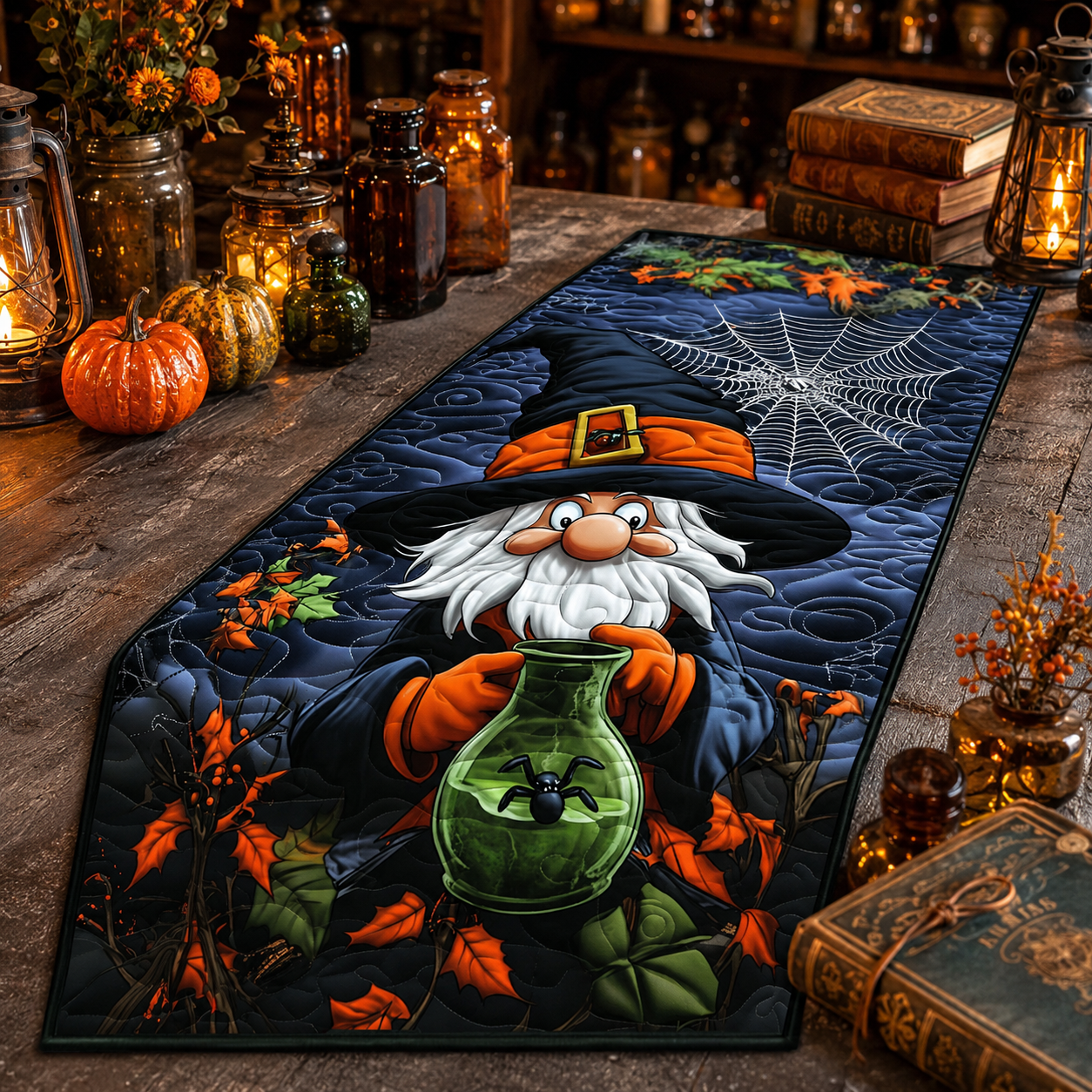 Cute Wizard Gnome & Spider Potion Halloween Quilted Table Runner