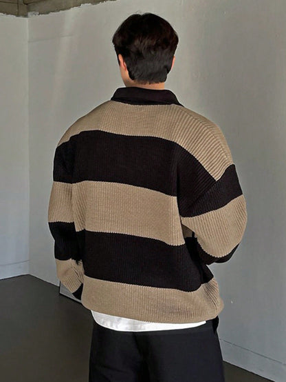 Men Color Block Polo Neck Drop Shoulder Fall Sweater