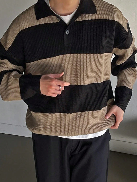 Men Color Block Polo Neck Drop Shoulder Fall Sweater
