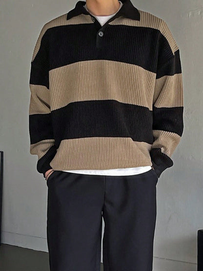 Men Color Block Polo Neck Drop Shoulder Fall Sweater
