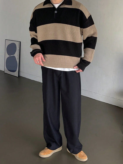 Men Color Block Polo Neck Drop Shoulder Fall Sweater