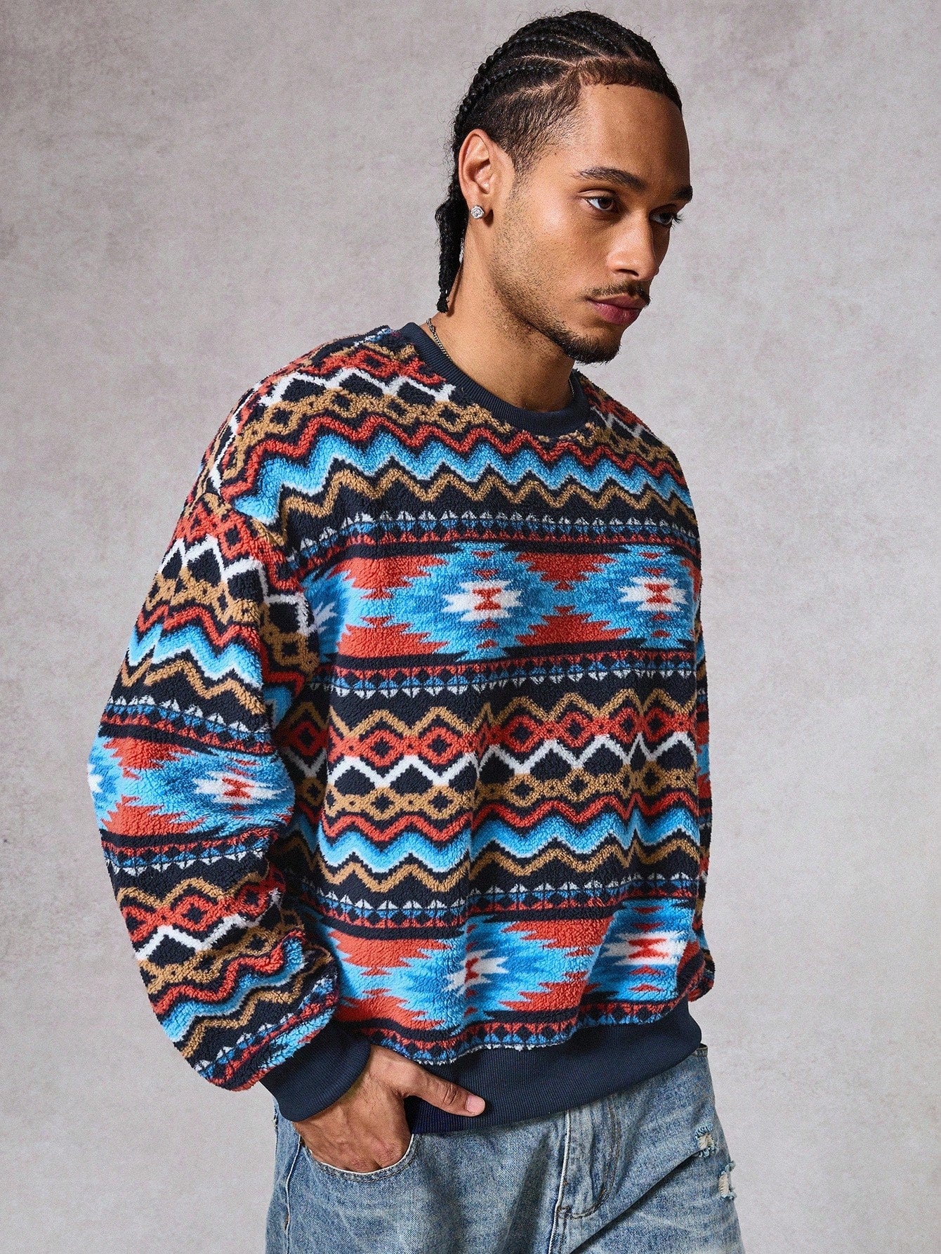 Men’s Geometric Pattern Fleece Pullover Sweatshirt