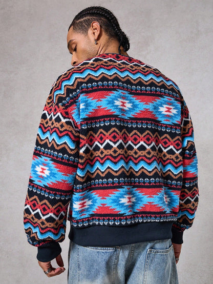Men’s Geometric Pattern Fleece Pullover Sweatshirt