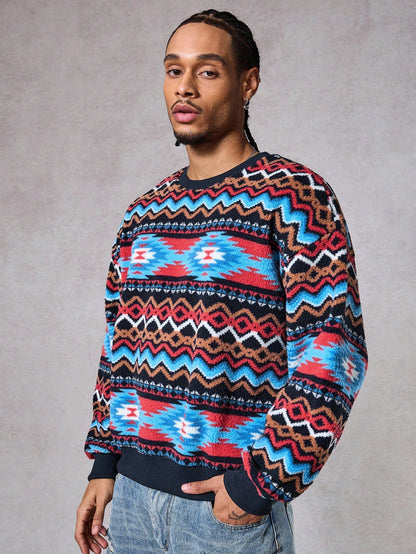 Men’s Geometric Pattern Fleece Pullover Sweatshirt