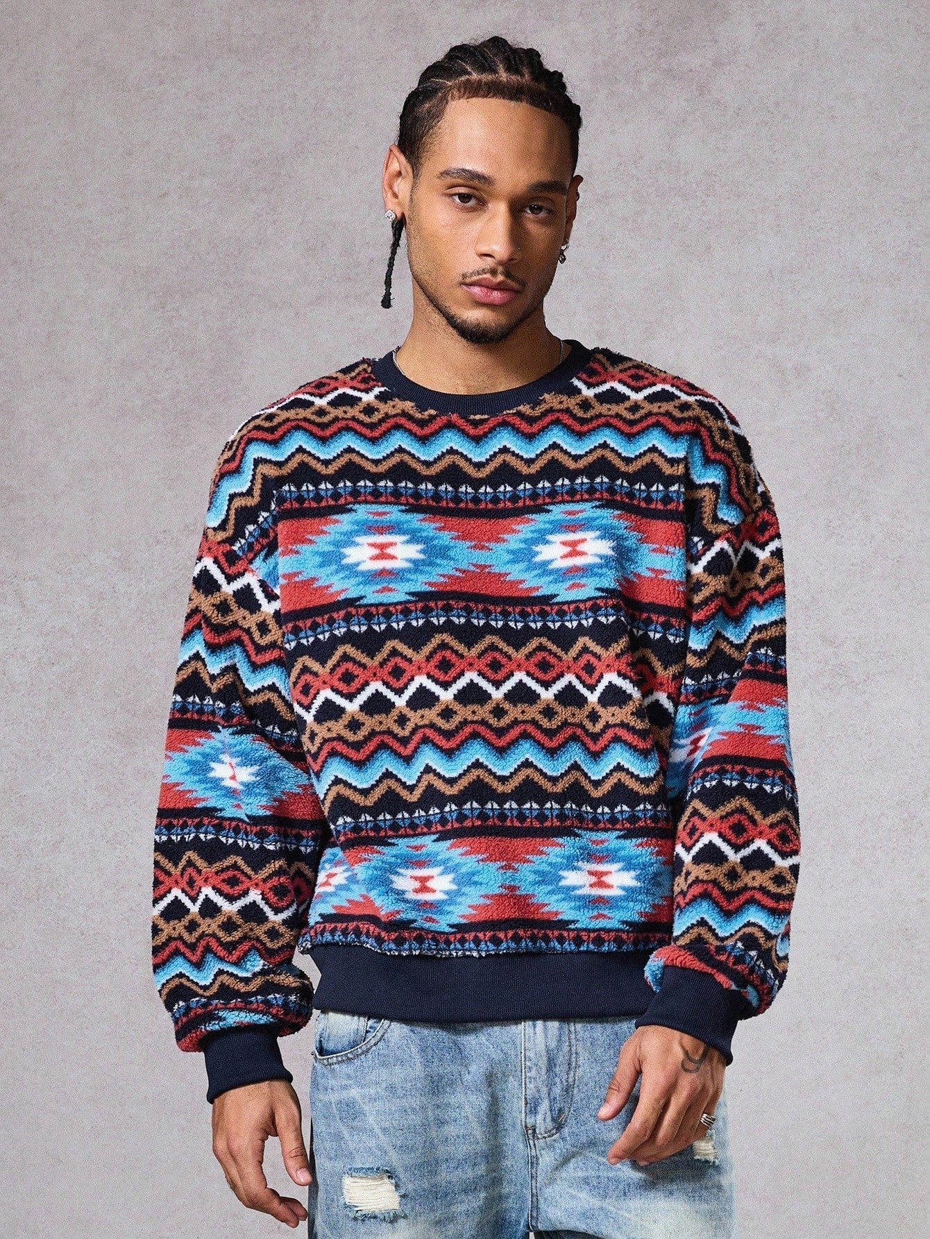 Men’s Geometric Pattern Fleece Pullover Sweatshirt