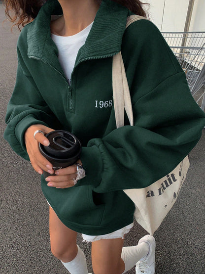 Thermal Lined Turndown Collar Zip-Up Loose Casual Long Sleeve Hoodie for Women