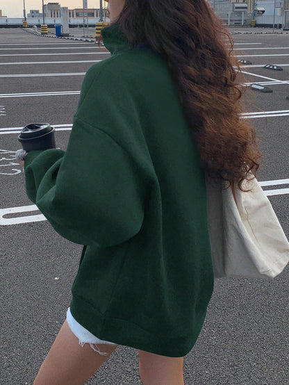 Thermal Lined Turndown Collar Zip-Up Loose Casual Long Sleeve Hoodie for Women