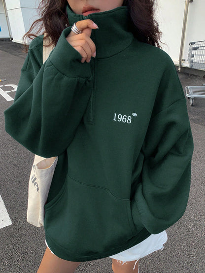 Thermal Lined Turndown Collar Zip-Up Loose Casual Long Sleeve Hoodie for Women