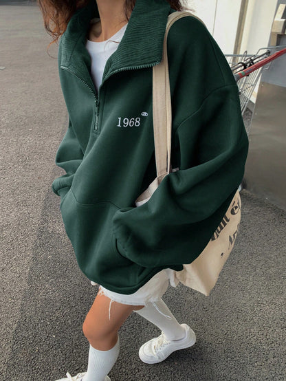 Thermal Lined Turndown Collar Zip-Up Loose Casual Long Sleeve Hoodie for Women