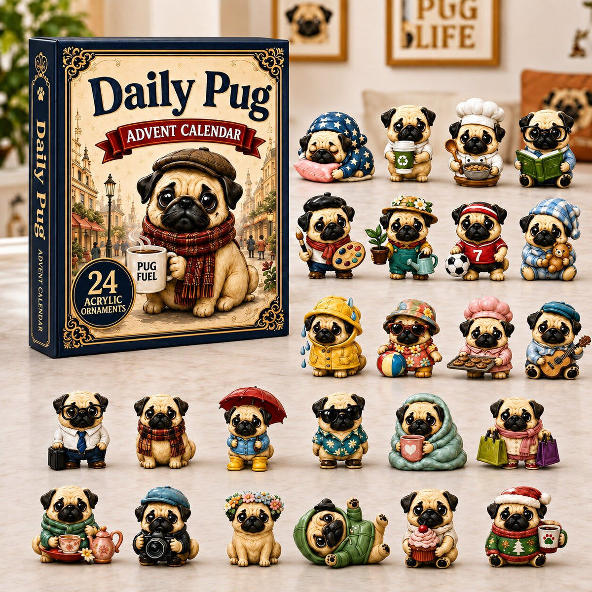 CHRISTMAS KICKOFF 40% OFF - Daily Pug Advent Calendar 2026 - 24-Day Festive Countdown, Acrylic Charms Blind Box - Gift For Dog Lovers