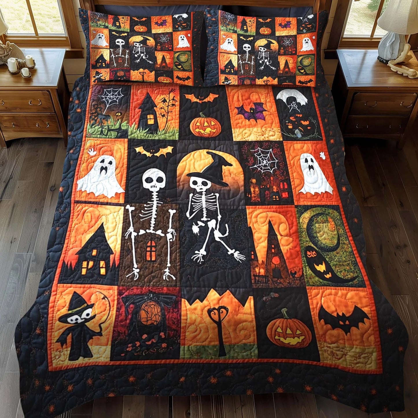 Dancing Skeleton Patchwork Halloween Bedding Set