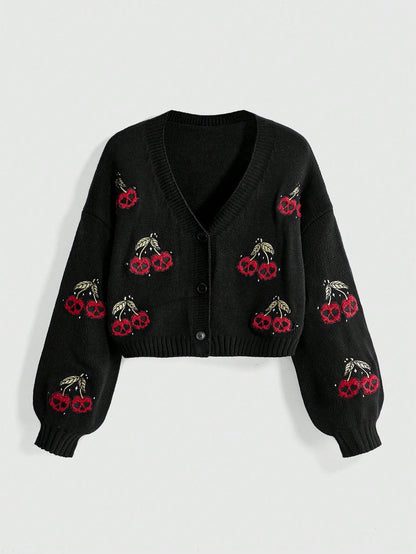 Dark Gothic Cherry Skull Loose Knit Cardigan