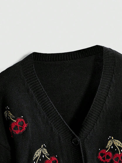 Dark Gothic Cherry Skull Loose Knit Cardigan