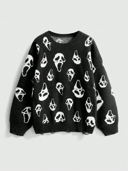 Dark Gothic Ghost Face Distressed Sweater