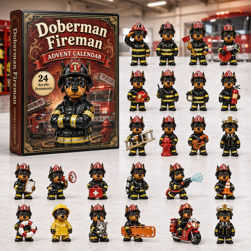 CHRISMAST KICKOFF 40% OFF - Doberman Fireman Advent Calendar 2026 - 24-Day Festive Countdown, Acrylic Charms Blind Box - Gift For Doberman Lovers AC0HA092