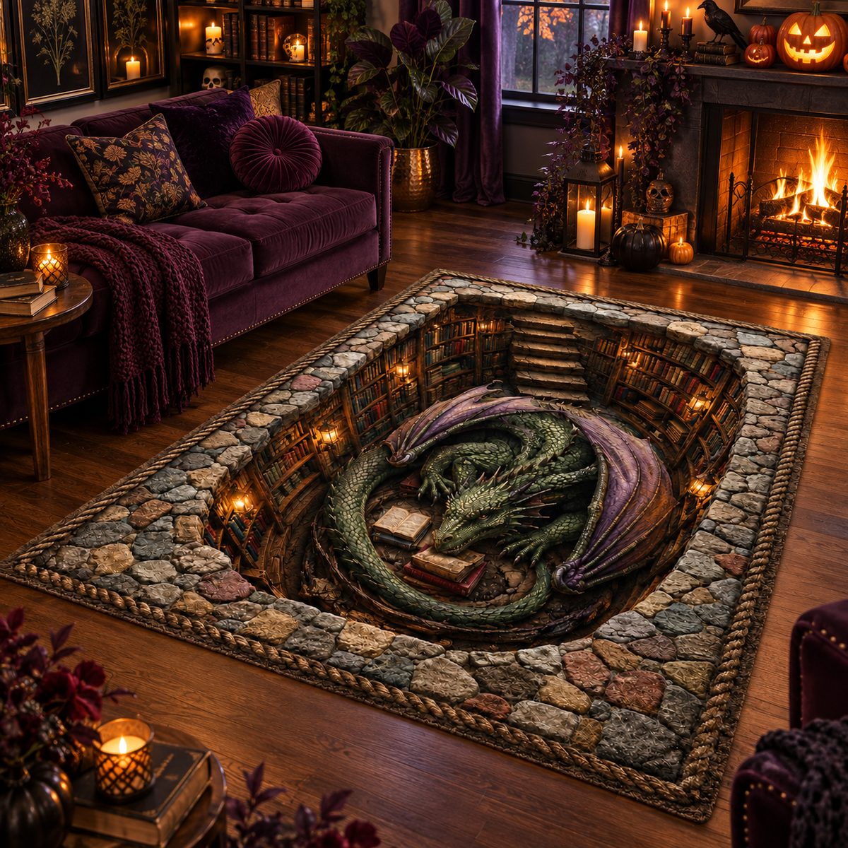 Dragon Library Halloween Area Rug