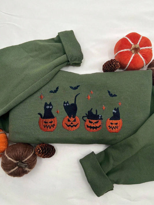 Embroidered Halloween Cat Pumpkin Sweatshirt