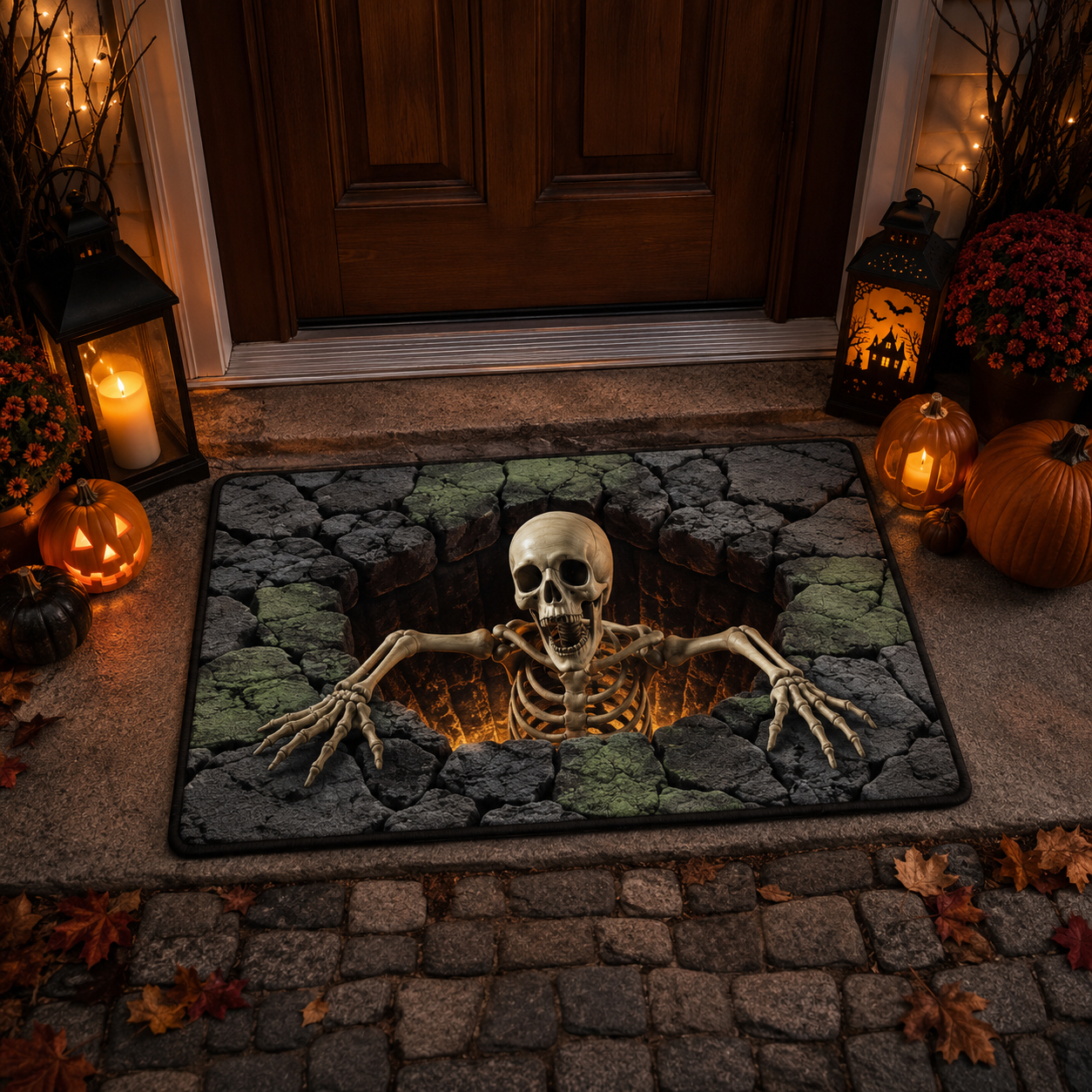 Emerging Skeleton Stone Hole Spooky Halloween Gate Doormat