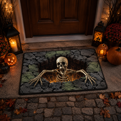 Emerging Skeleton Stone Hole Spooky Halloween Gate Doormat