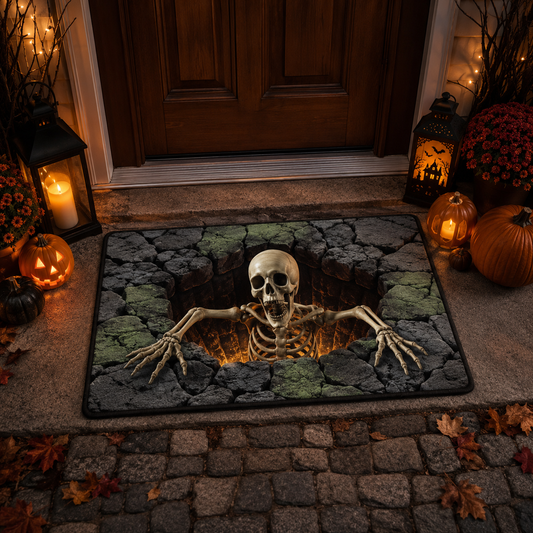 Emerging Skeleton Stone Hole Spooky Halloween Gate Doormat