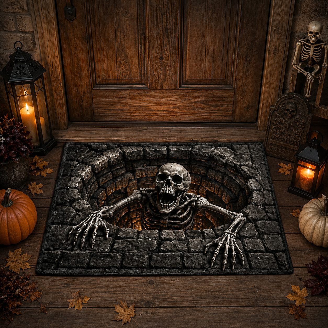 Emerging Skeleton Stone Well Halloween Gate Doormat