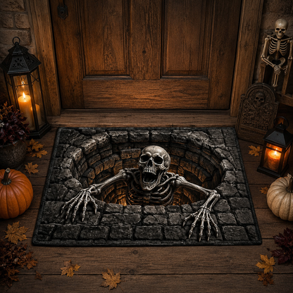Emerging Skeleton Stone Well Halloween Gate Doormat