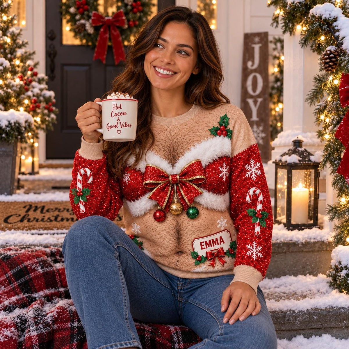 Emma Personalized Ugly Christmas Sweater with Bow & Name