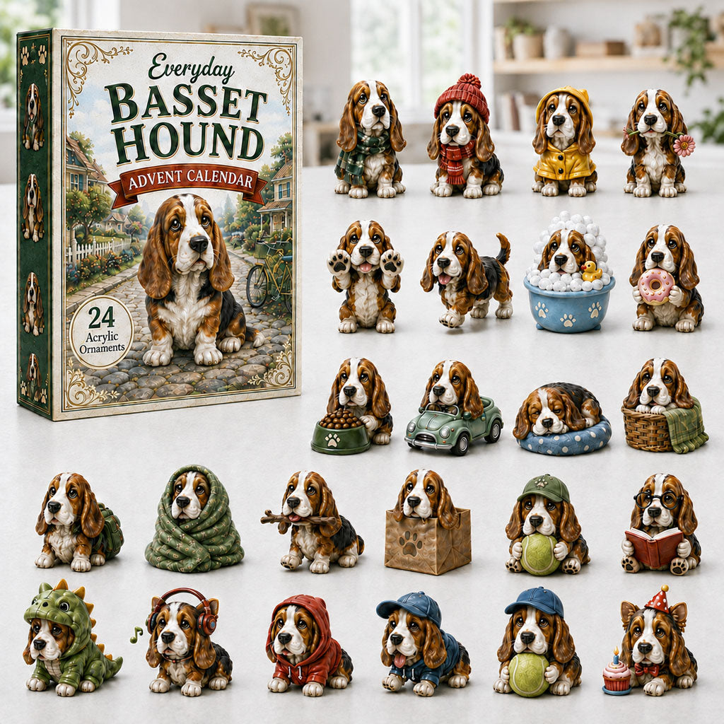 CHRISTMAS KICKOFF 40% OFF - Everyday Basset Hound Advent Calendar 2026 - 24-Day Festive Countdown, Acrylic Charms Blind Box - Gift For Basset Hound Lovers AC0NT013
