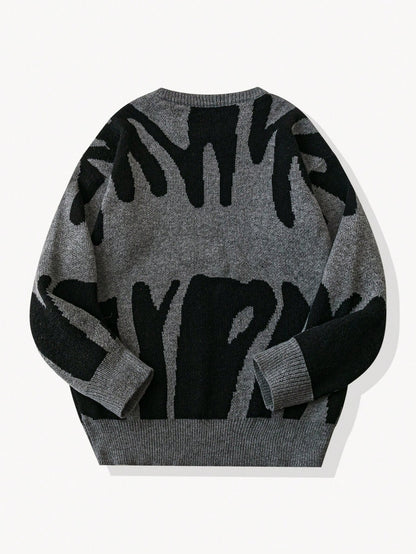 Fashion Pattern Crew Neck Long Sleeve Casual Pullover Graphic Drop Shoulder Monogram Streetwear Knit Sweater