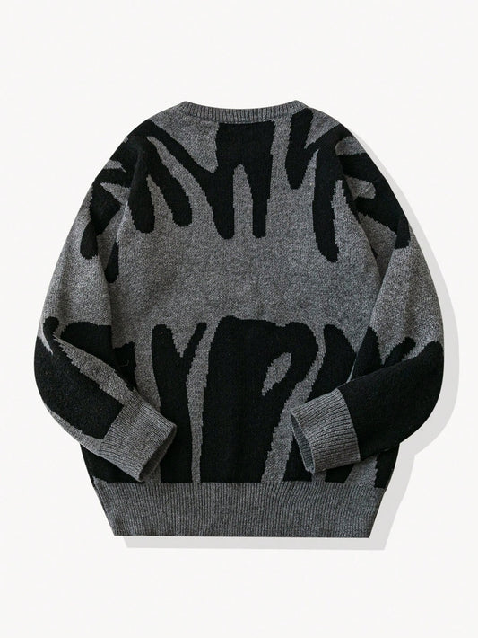 Fashion Pattern Crew Neck Long Sleeve Casual Pullover Graphic Drop Shoulder Monogram Streetwear Knit Sweater