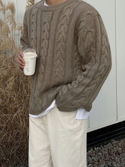 Retro Christmas Green Japanese Casual Cable Knit Round Neck Sweater