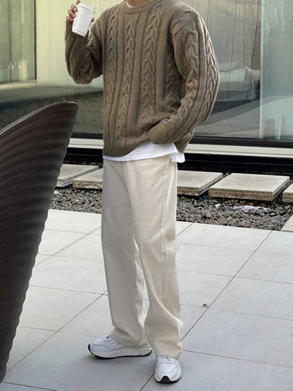 Retro Christmas Green Japanese Casual Cable Knit Round Neck Sweater