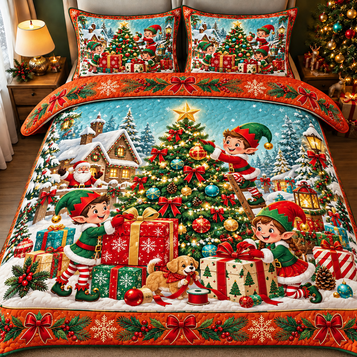 Festive Christmas Elf Quilt Set Holiday Bedding Decor