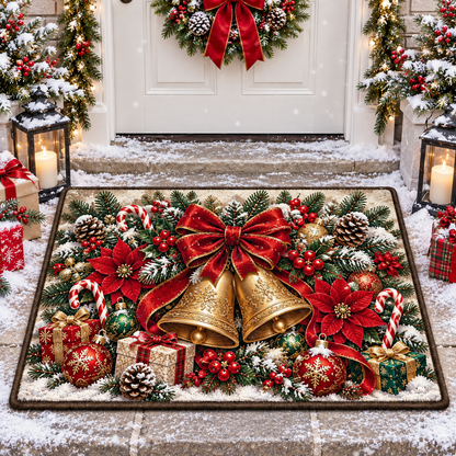 Festive Christmas Golden Bells Holiday Entryway Doormat