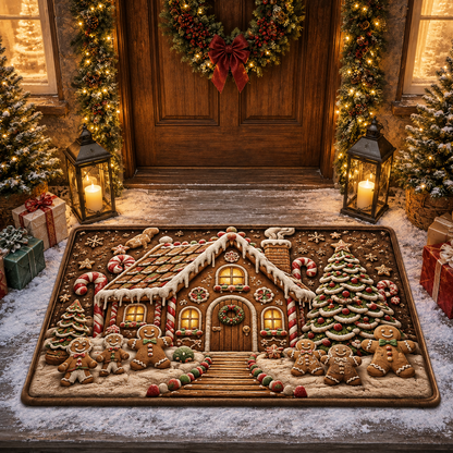 Festive Gingerbread House Village Holiday Christmas Gate Doormat