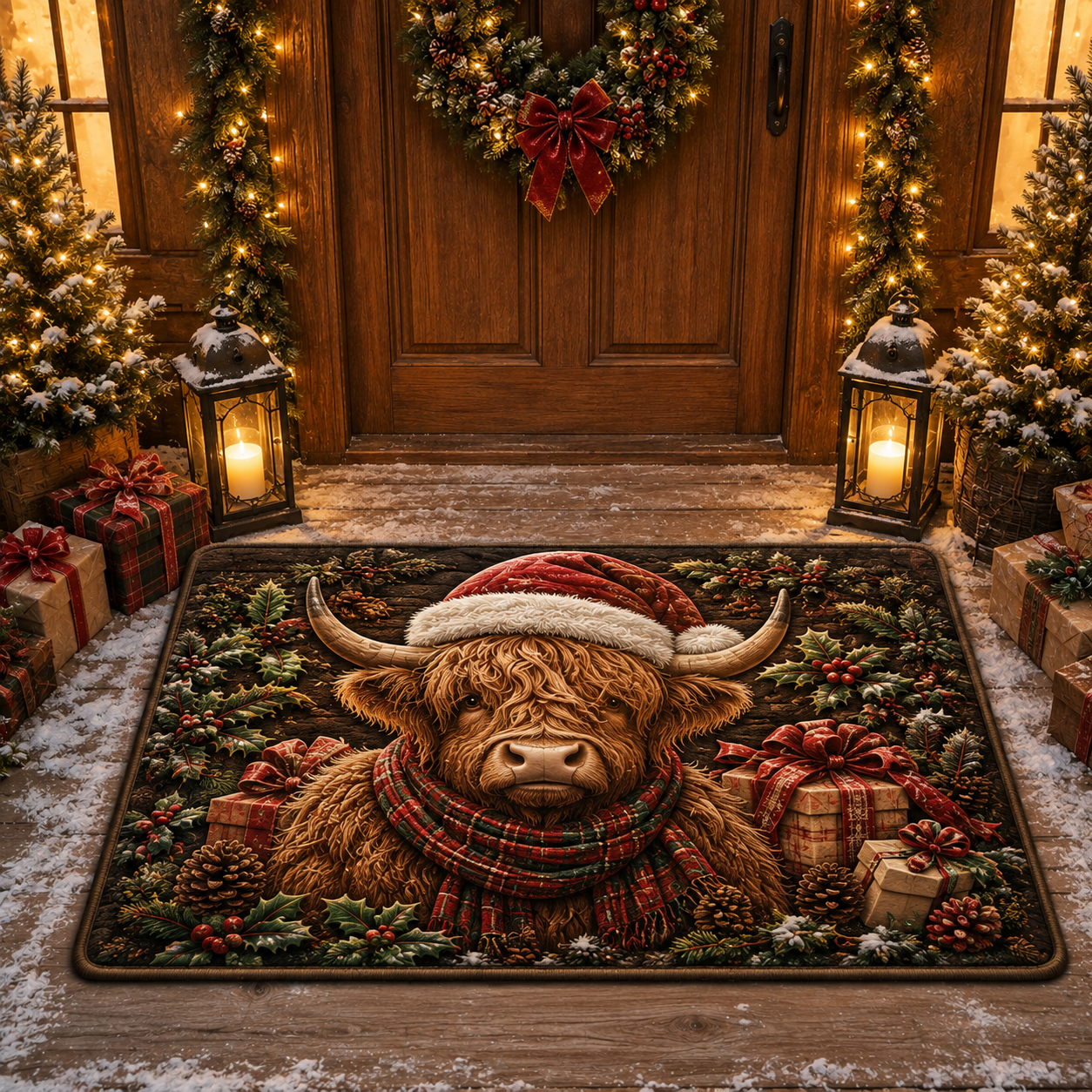 Festive Highland Cow Santa Rustic Christmas Gate Doormat