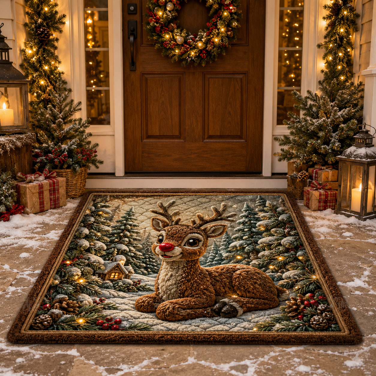 Festive Red Nose Reindeer Christmas Gate Doormat