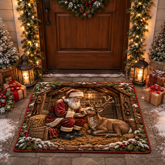 Festive Santa Reindeer Wooden Cottage Christmas Gate Doormat