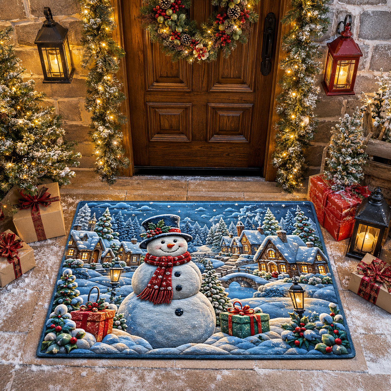 Festive Snowman Winter Village Scene Christmas Gate Doormat