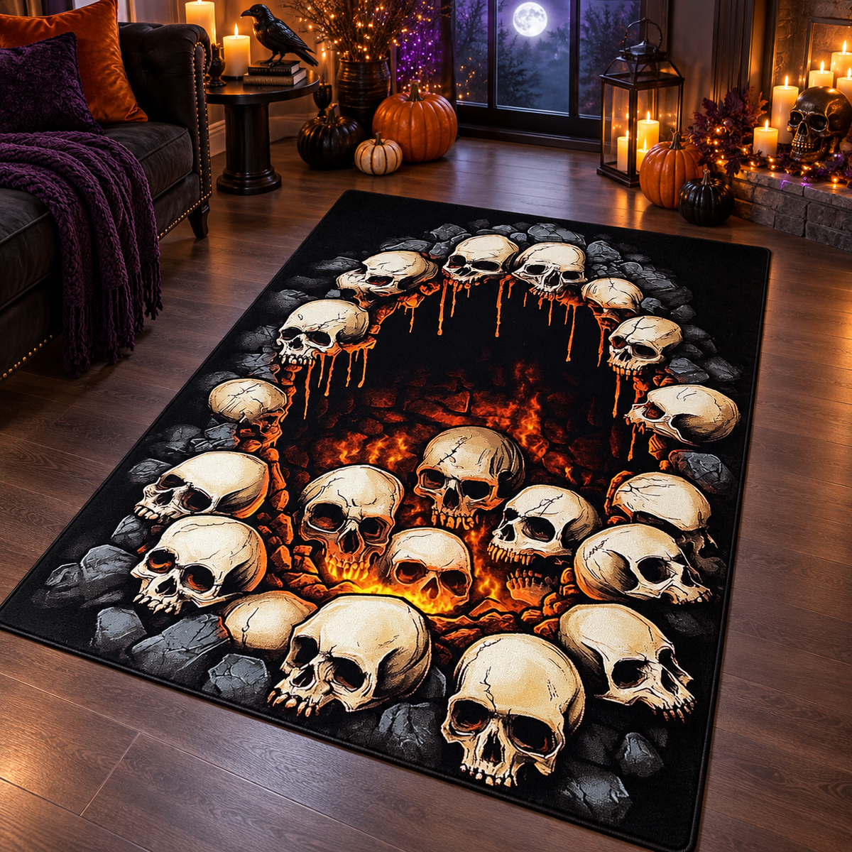 Flaming Hellfire Skulls Halloween Area Rug