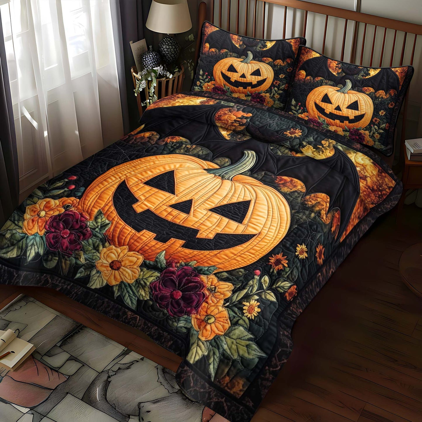Floral Pumpkin Jack O Lantern Halloween Bedding Set