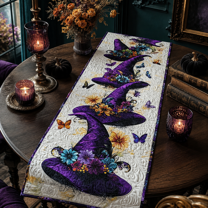 Floral Purple Witch Hat Butterfly Halloween Quilted Table Runner