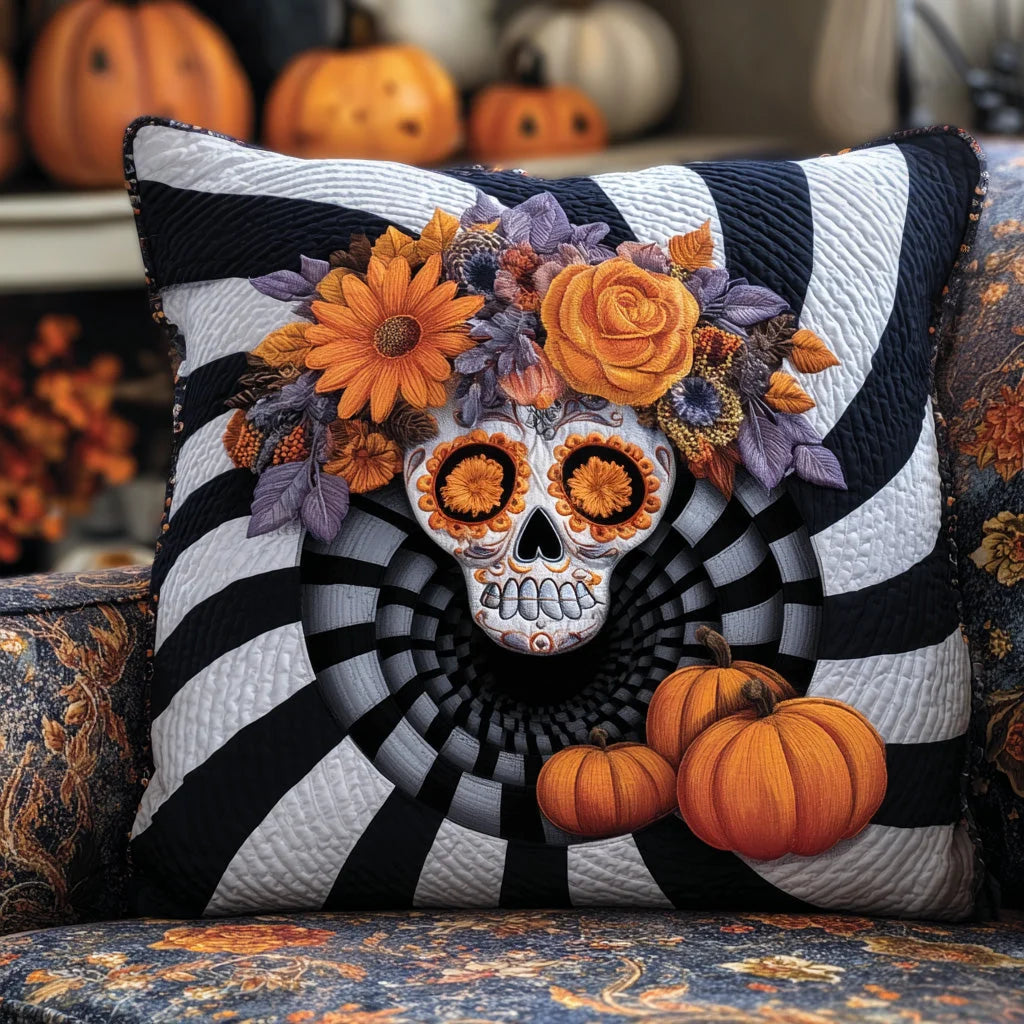 Floral Sugar Skull Halloween Quilted Pillow Case
