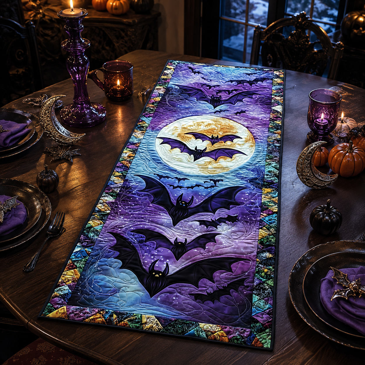 Flying Bats and Full Moon Halloween Quilted Table Runner